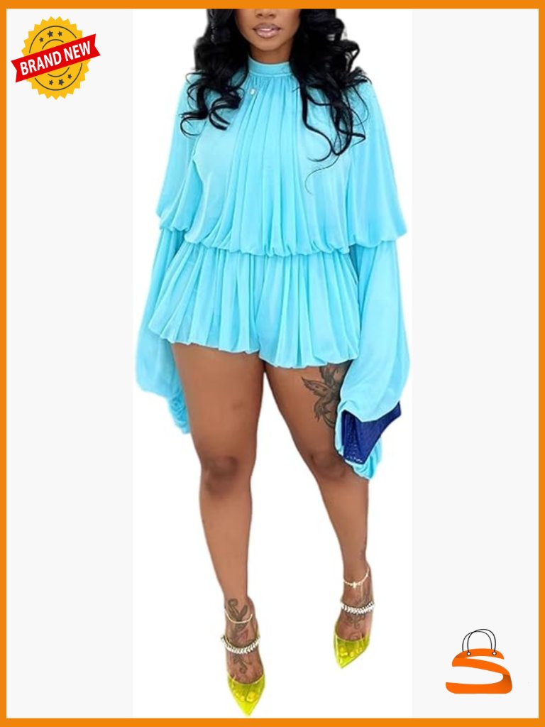 Women's 2 Piece Outfit Mock Neck Bell Sleeve Top With Pleated Ruffle Bubble